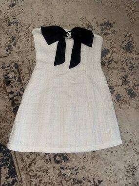 Strapless Cream Bouclé Mini Dress with Black Bow